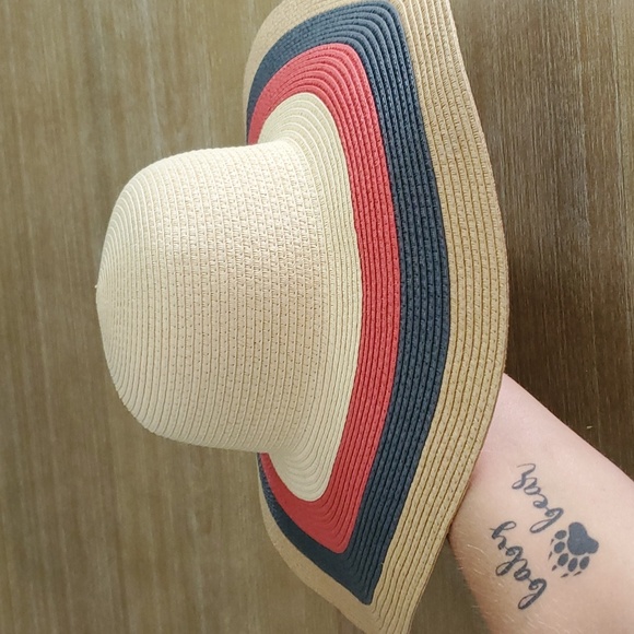 5" Wide Brim Straw Beach Hat - Tan, Red &  Blue - Picture 3 of 10